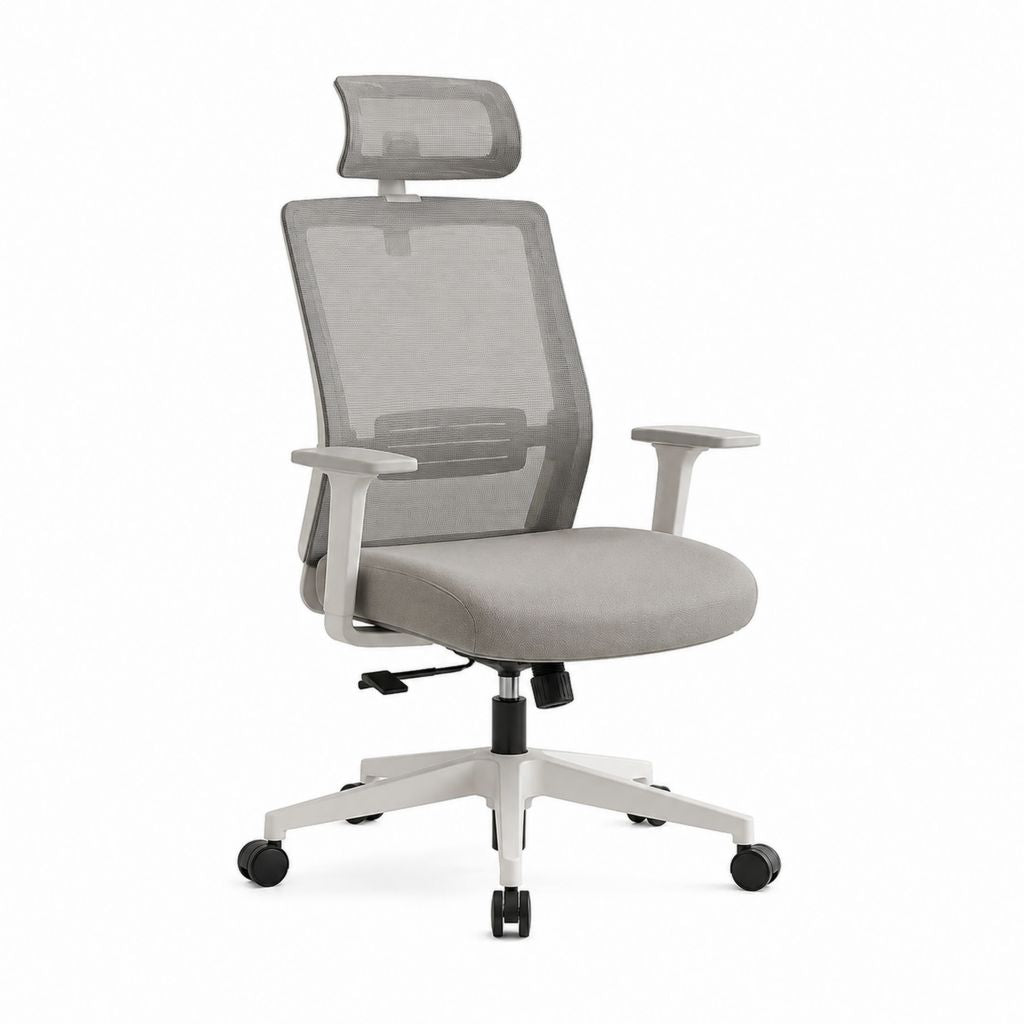 Ergonomischer Bürostuhl Grau mit Polyester-Netzrücken und Kopfstütze 64 x 64 x 120-130 cm