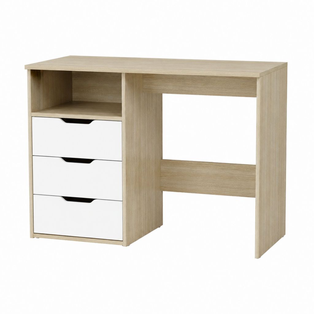 Schreibtisch mit 3 Schubladen Eiche hell Weiß melaminbeschichtete Spanplatte rechteckig 100 x 50 x 75 cm