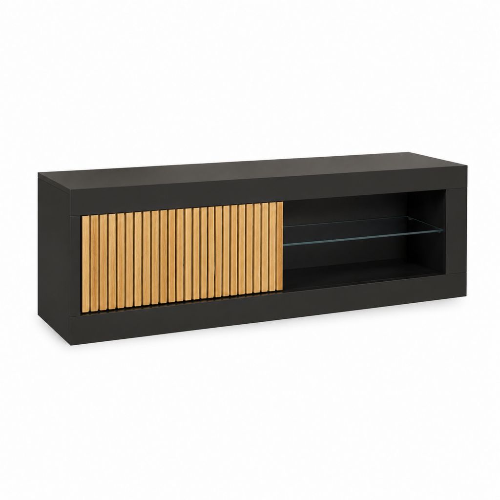 TV-Lowboard Schwarz MDF Eichenholz Lamellentür Rechteckig 140 x 40 x 50 cm