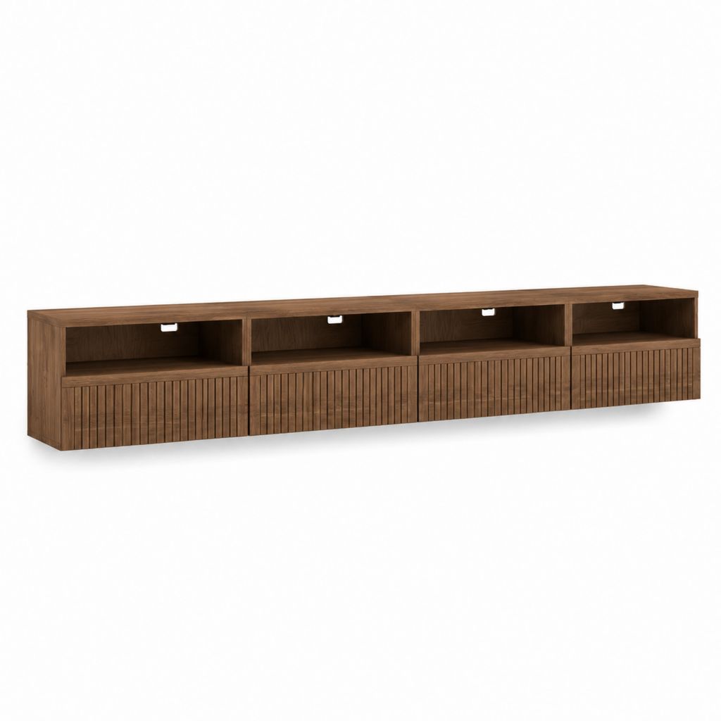 TV Lowboard Walnussoptik Spanplatte rechteckig mit 4 Türen und 4 offenen Fächern 200 x 40 x 45 cm