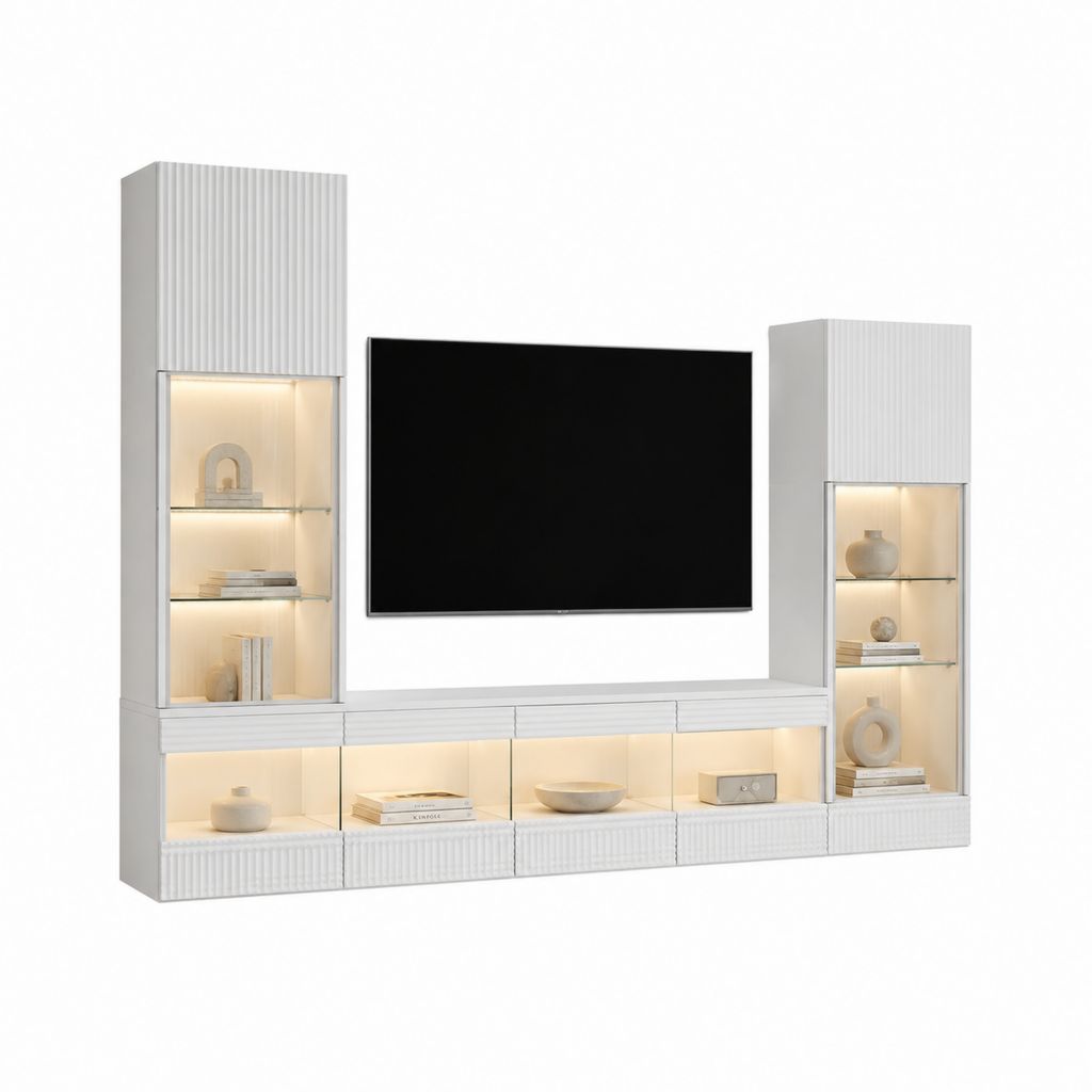 Wohnwand Weiß aus Spanplatte und MDF mit Rillenfront 320 x 200 x 40 cm mit LED-Beleuchtung