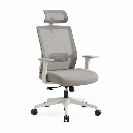 Ergonomischer Bürostuhl Grau mit Polyester-Netzrücken und Kopfstütze 64 x 64 x 120-130 cm