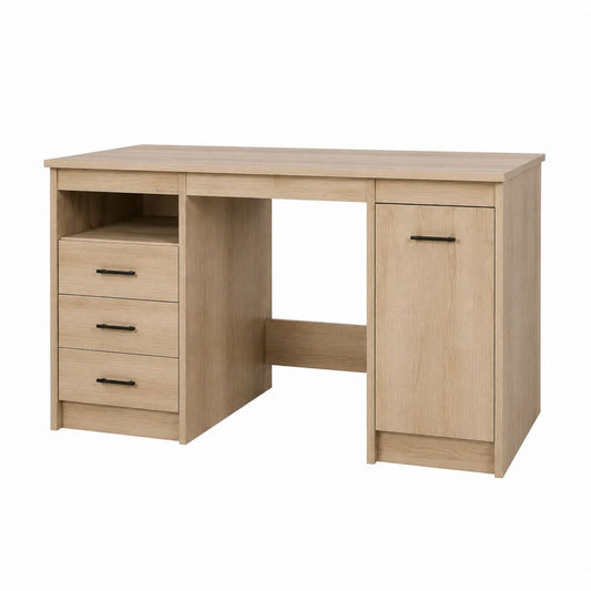 Schreibtisch Eiche hell aus Spanplatte mit 3 Schubladen und Schrankfach 120 x 60 x 75 cm