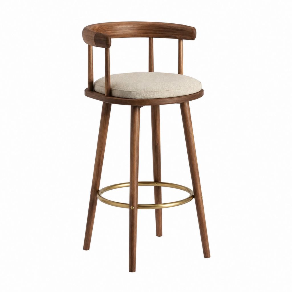 Barhocker mit Rückenlehne Walnussholz Beige Polyesterpolsterung Rund 53 x 52 x 100 cm
