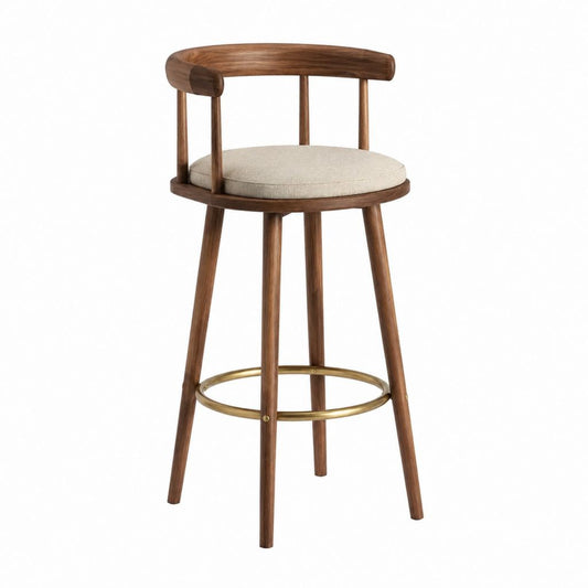 Barhocker mit Rückenlehne Walnussholz Beige Polyesterpolsterung Rund 53 x 52 x 100 cm