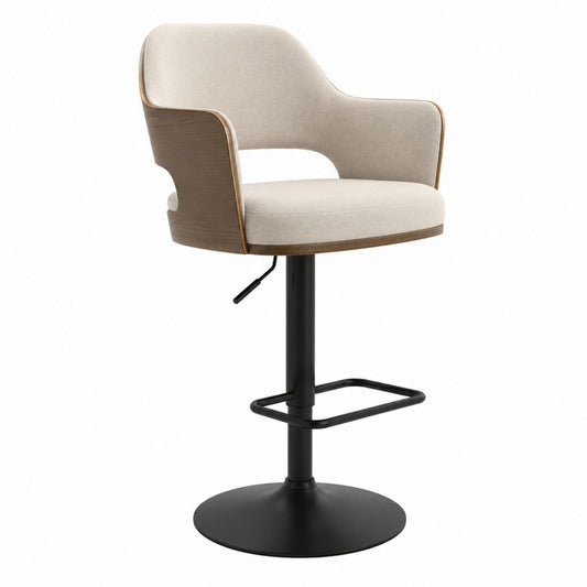Barhocker mit Armlehnen Beige Polyester Walnussfurnier höhenverstellbar drehbar 58 x 54 x 92-113 cm