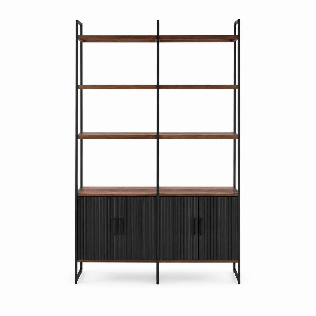 Bücherregal mit 4 offenen Ablagen und Schrank Walnussfurnier Schwarz Stahl 180 x 100 x 35 cm