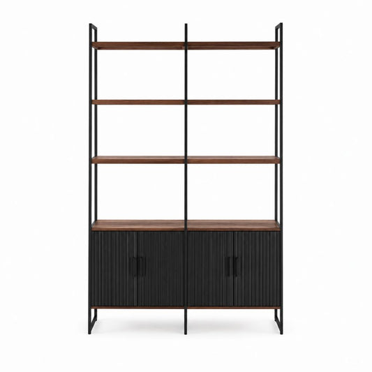 Bücherregal mit 4 offenen Ablagen und Schrank Walnussfurnier Schwarz Stahl 180 x 100 x 35 cm