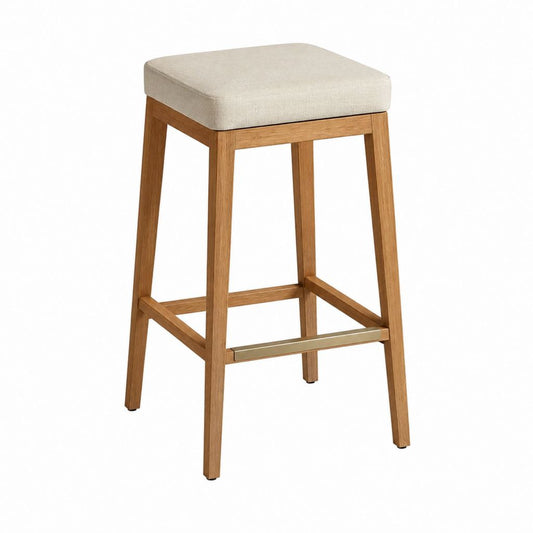 Barhocker aus Eichen-Massivholz mit beigem Polyesterbezug quadratischer Sitzfläche 45 x 45 x 75 cm