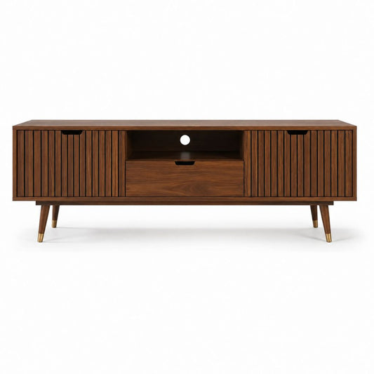 TV-Lowboard Nussbaumoptik MDF rechteckig mit 2 Türen Schublade und offenem Fach 180 x 40 x 60 cm